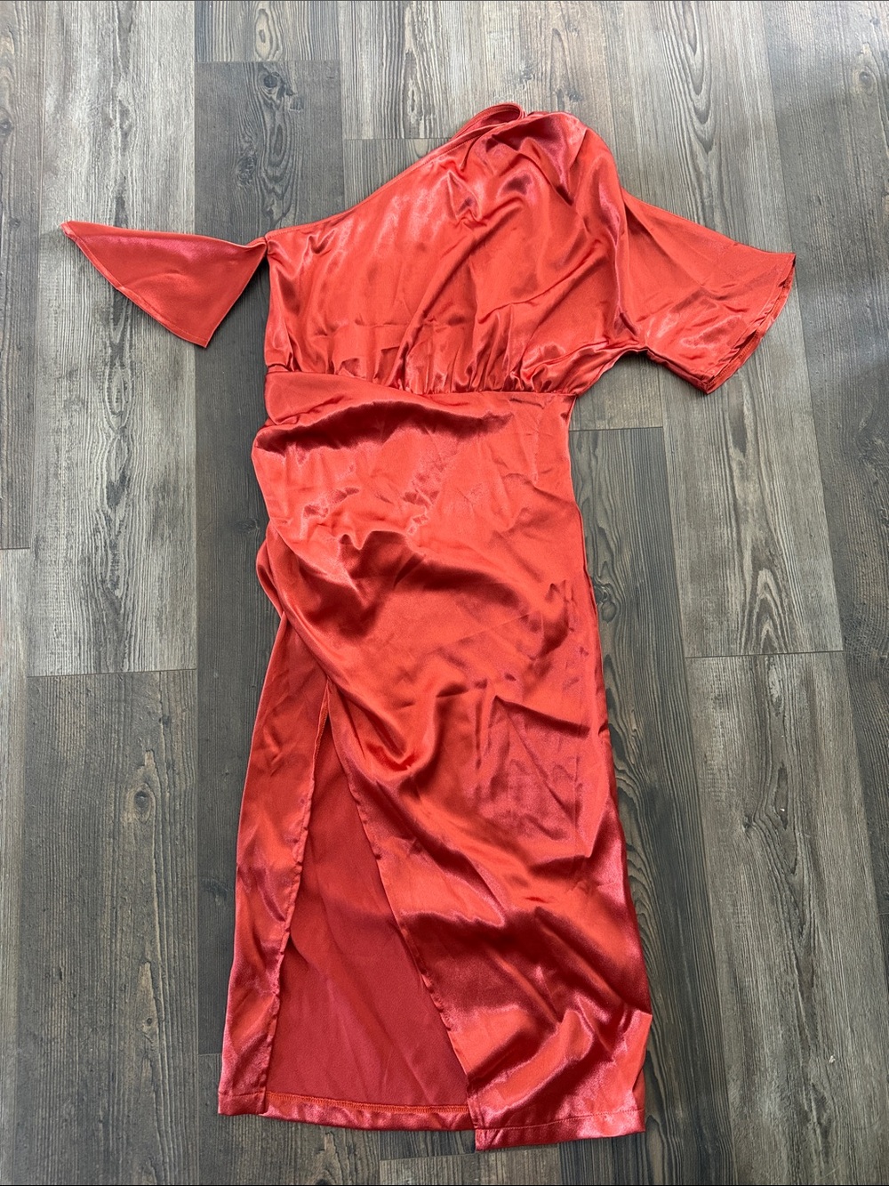 PrettyLittleThing Red Satin One-Shoulder Midi Dress